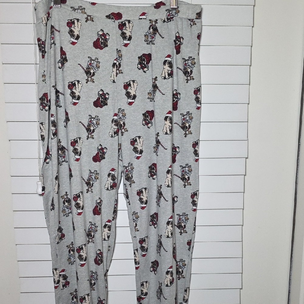 Gray Pug Pajama Pants Sleepwear Lounge Christmas Winter Women L